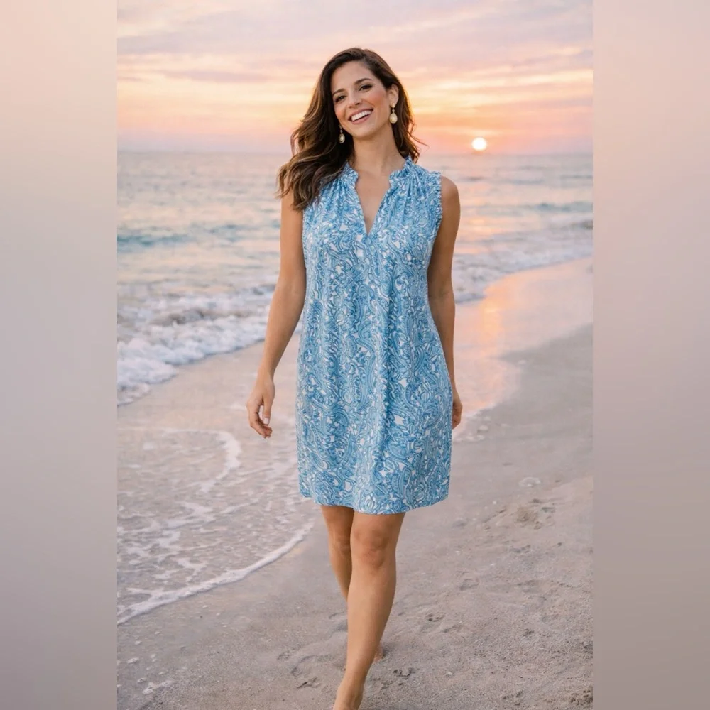 Michael Kors Shift Dress 1X Blue White Paisley Sleeveless Stretch Career Church